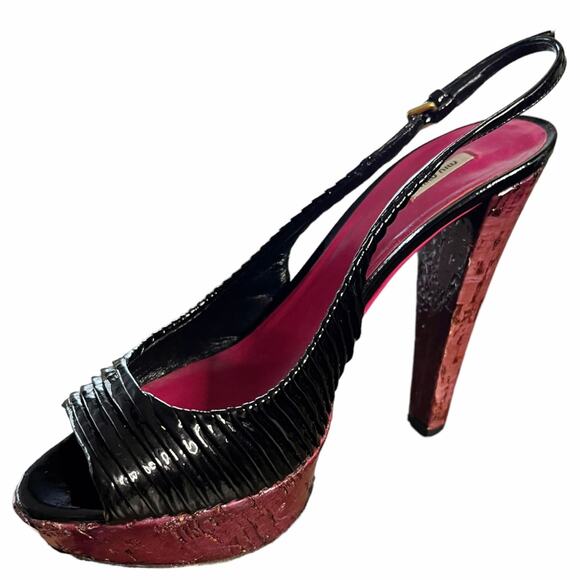 MIU MIU Black Patent Leather Sandals Peep Toe Sling Back Platforms Italy 38.5 - Picture 5 of 16